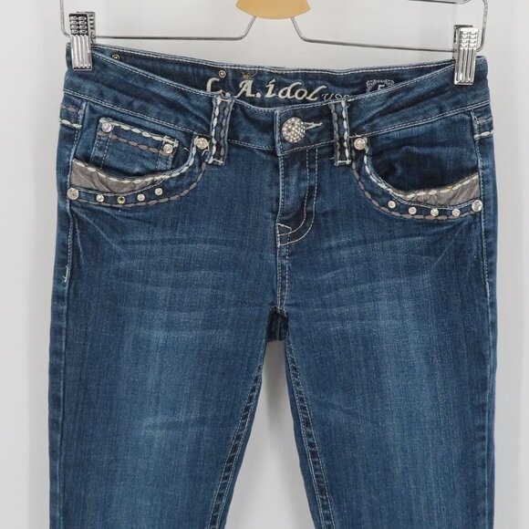 LA Idol Junior 5 Bootcut Boot Dark Whiskered Rhinestone Jeans Denim Low Rise - Picture 2 of 14